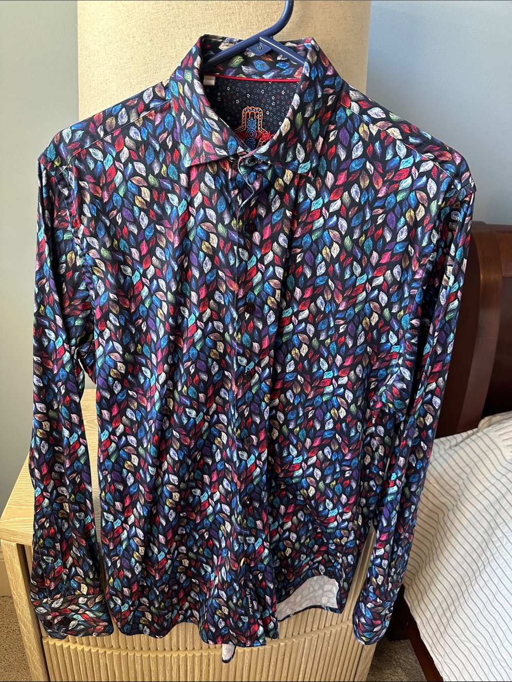 Men's Multi-Leaf Print Long-Sleeve Button-Down Shirt — Blue/Red/Green